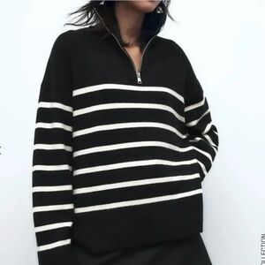 Zara Black and Cream Striped Turtleneck Sweater